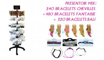 Présentoir mix + 480 bracelets fantaisie + 240 bracelets cheville + 220 bracelets bali